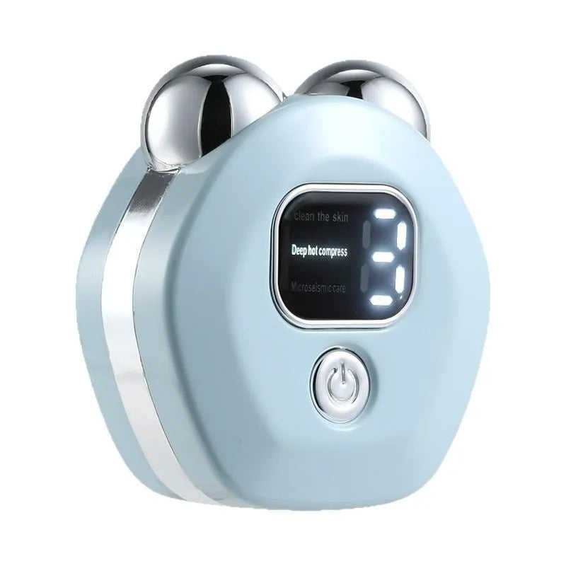 Portable white micro current facial massage instrument with two silver rollers and a USB charging cable