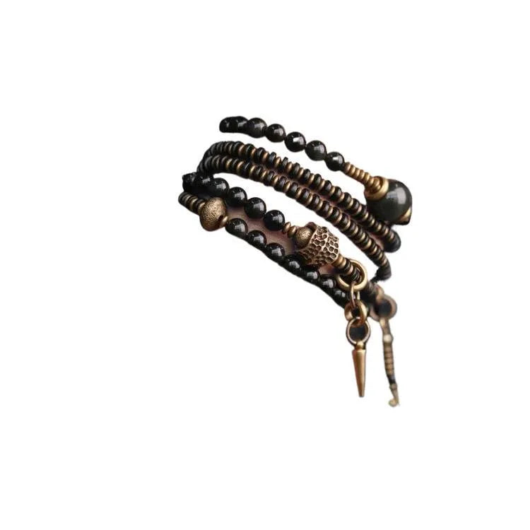 Black geometric beaded bracelet with colourful multi-layered retro design and adjustable cord