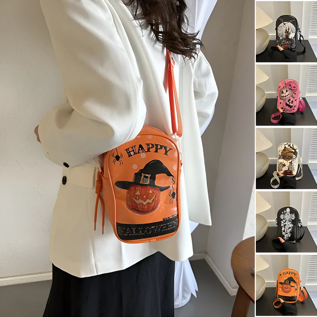 Halloween graffiti phone bag with pumpkin ghost bat print crossbody design