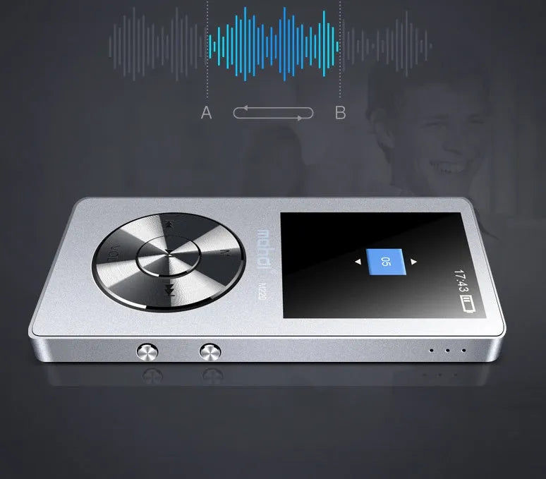Portable MP3 music player in metal casing with 1.8-inch screen showing multi-language interface and audio format support