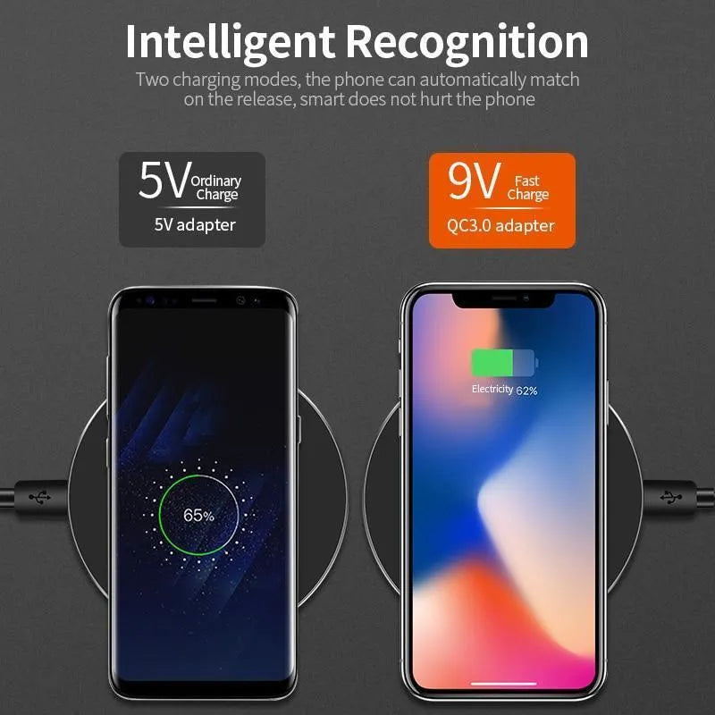Black square wireless charging pad with ultra-thin profile and USB cable for fast 9V QI charging