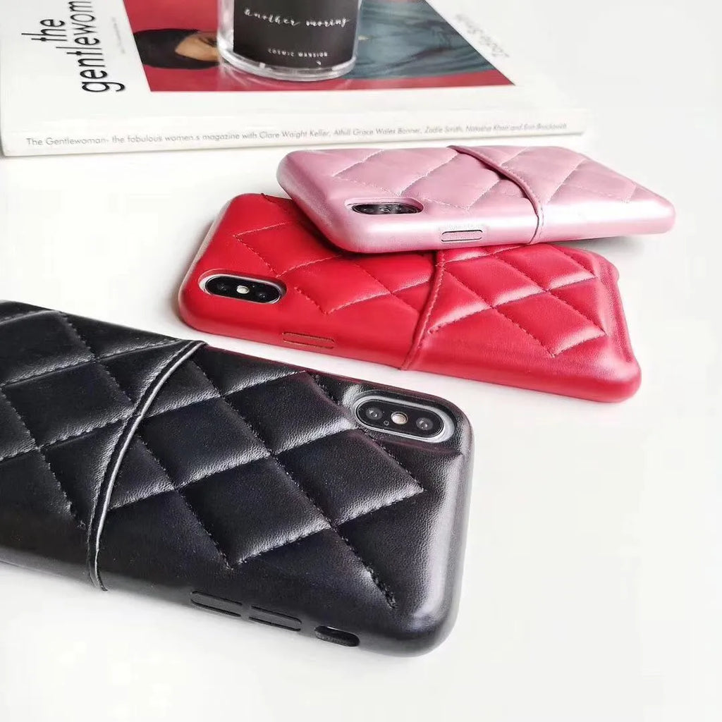 Leather iPhone case shown in black, pink, and red, compatible with XS Max, XR, X, 8, 7, and 6 models.