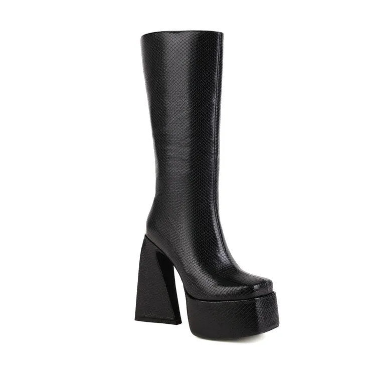 Women's casual high boots in artificial PU leather, shown in black, red, blue, and white colour options
