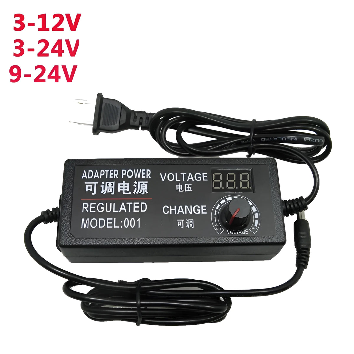 3-24V 2A adjustable AC/DC power adapter with digital display, 24W, 100-240V input, 118 x 51 x 32mm