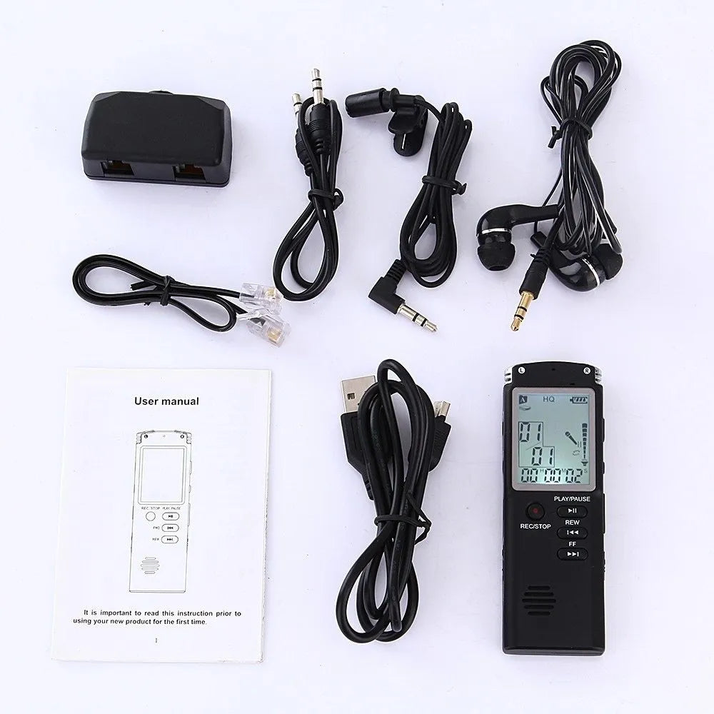 Compact black USB voice recorder for professional telephone and microphone audio recording.