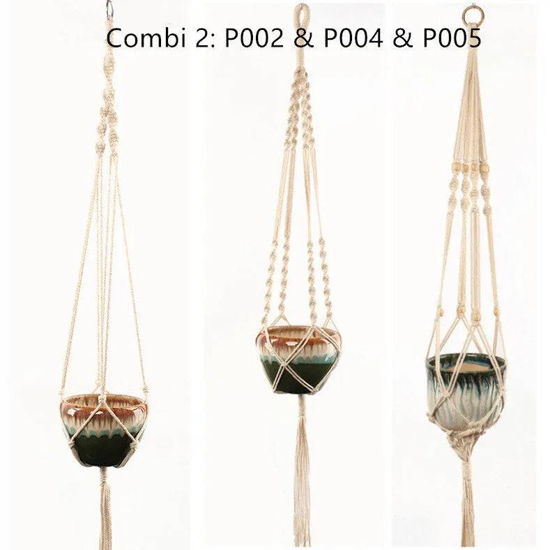 Cotton rope woven wire basket planter shown in desktop, wall hanging, and hanging configurations