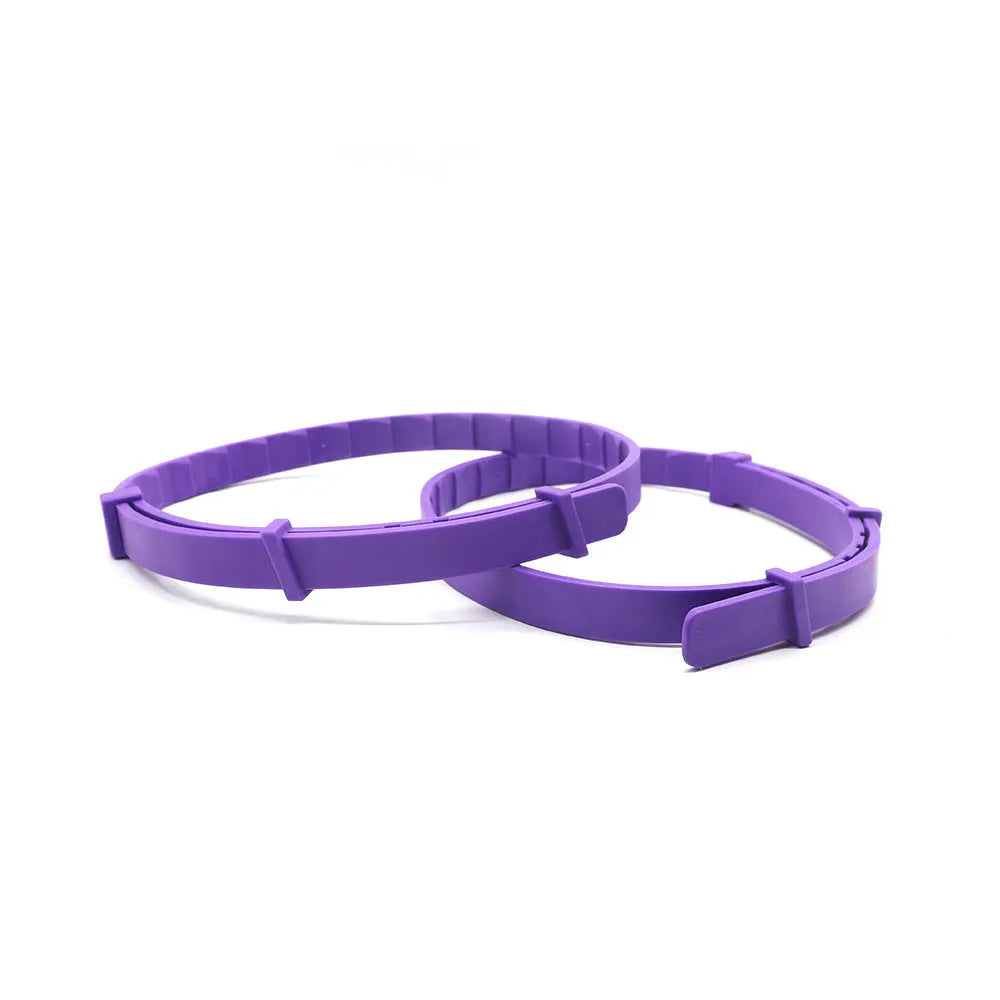 Set of four monochrome TPR dog anxiety soothing collars in Chinese style, 62cm length, available in black, blue, gray, orange, pink, and purple.