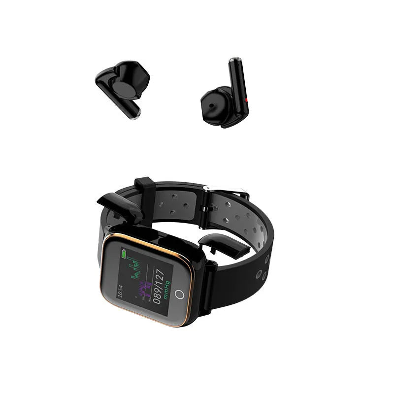 Black smart watch with built-in Bluetooth earphones stored in the watch case, showing a 1.4-inch TFT display.