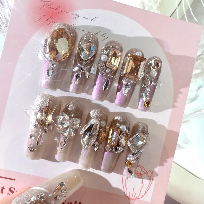 Luxury rhinestone false nail manicure set with phototherapy sealing layer in S size