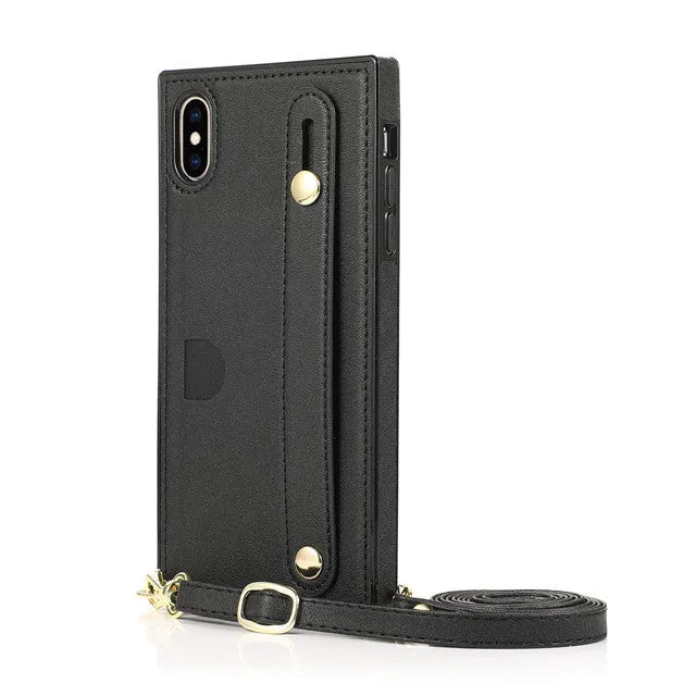 Leather iPhone case with card slots and wristband in black, red, rose gold, green or purple colours
