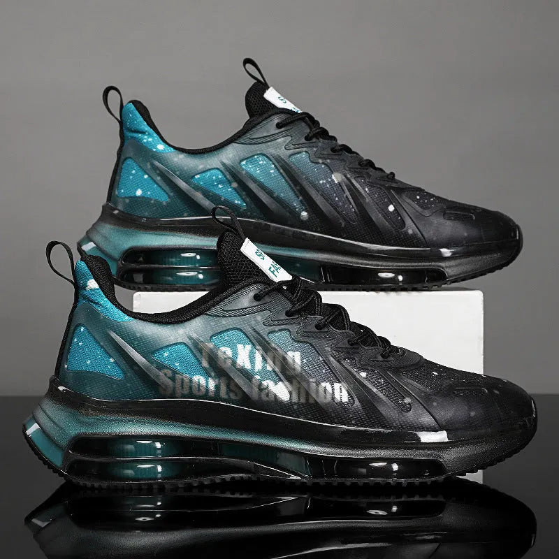 Men's black green and grey orange heightened platform casual running shoes with mesh upper and rubber sole.