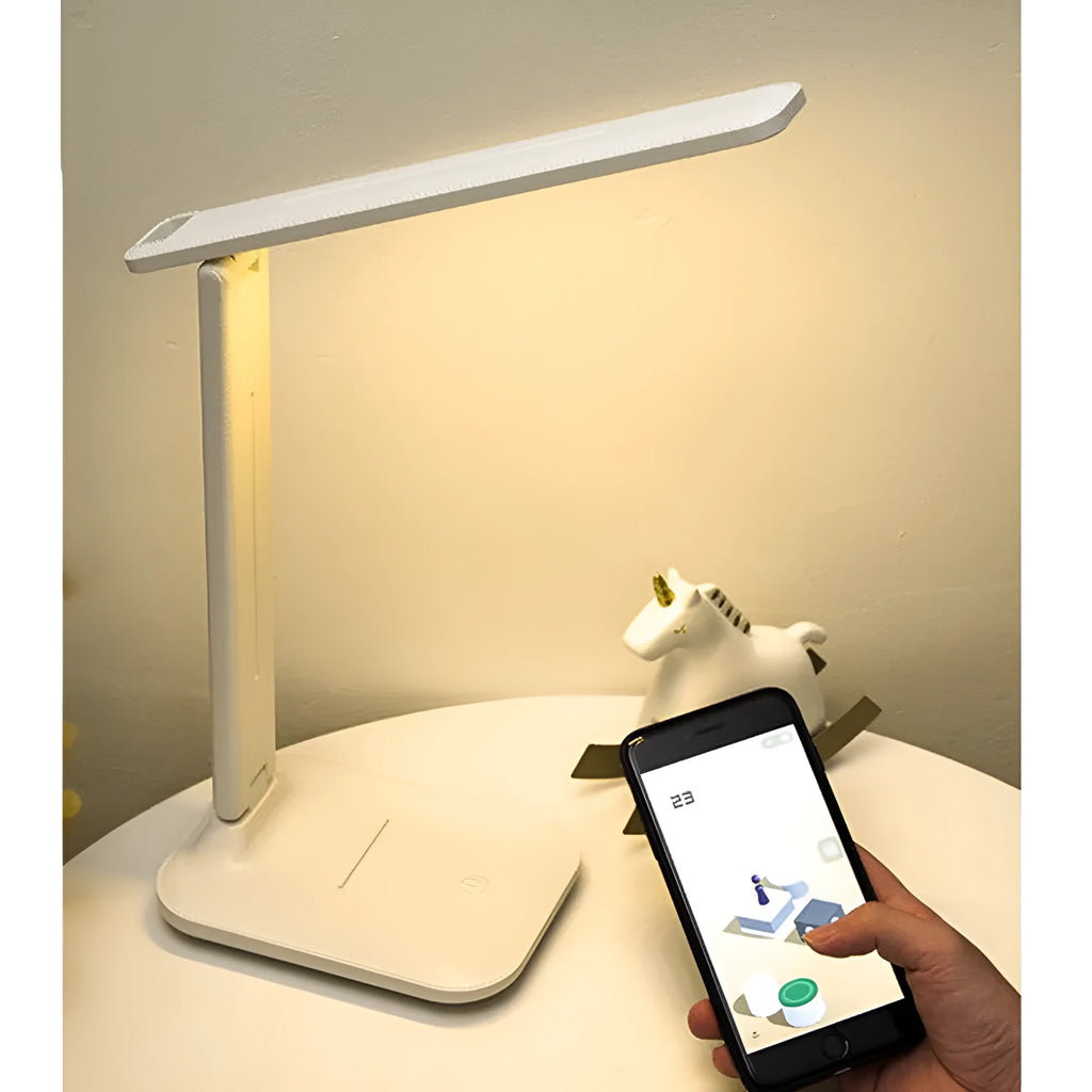 White plastic touch dimming bedside table lamp with USB charging port.