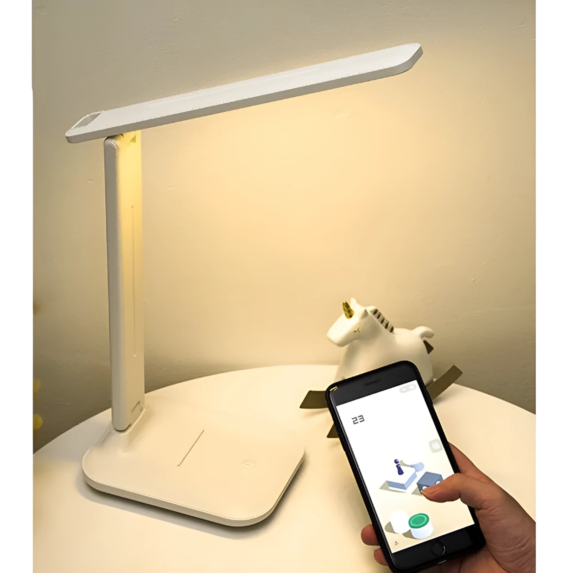 White plastic touch dimming bedside table lamp with USB charging port.