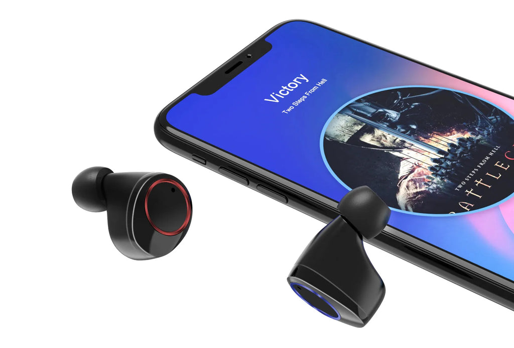 Black X11 wireless Bluetooth earbuds with charging case and six silicone ear sleeves on a white background.