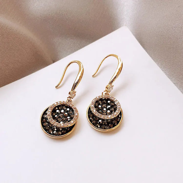 Black alloy geometric round earrings with 3.6cm drop length in retro Hong Kong style for women