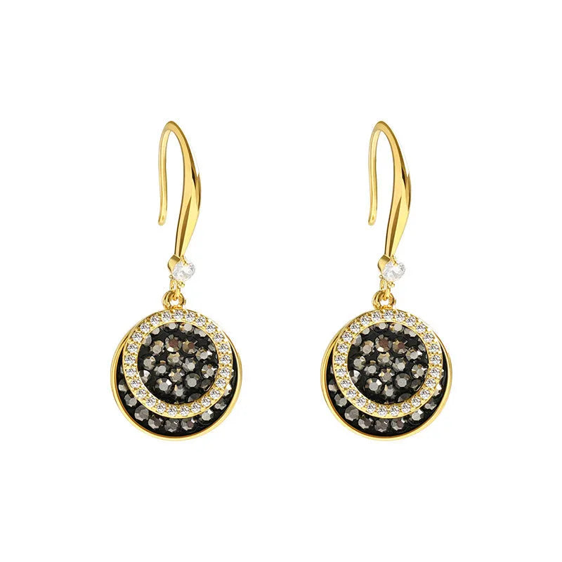 Black alloy geometric round earrings with 3.6cm drop length in retro Hong Kong style for women