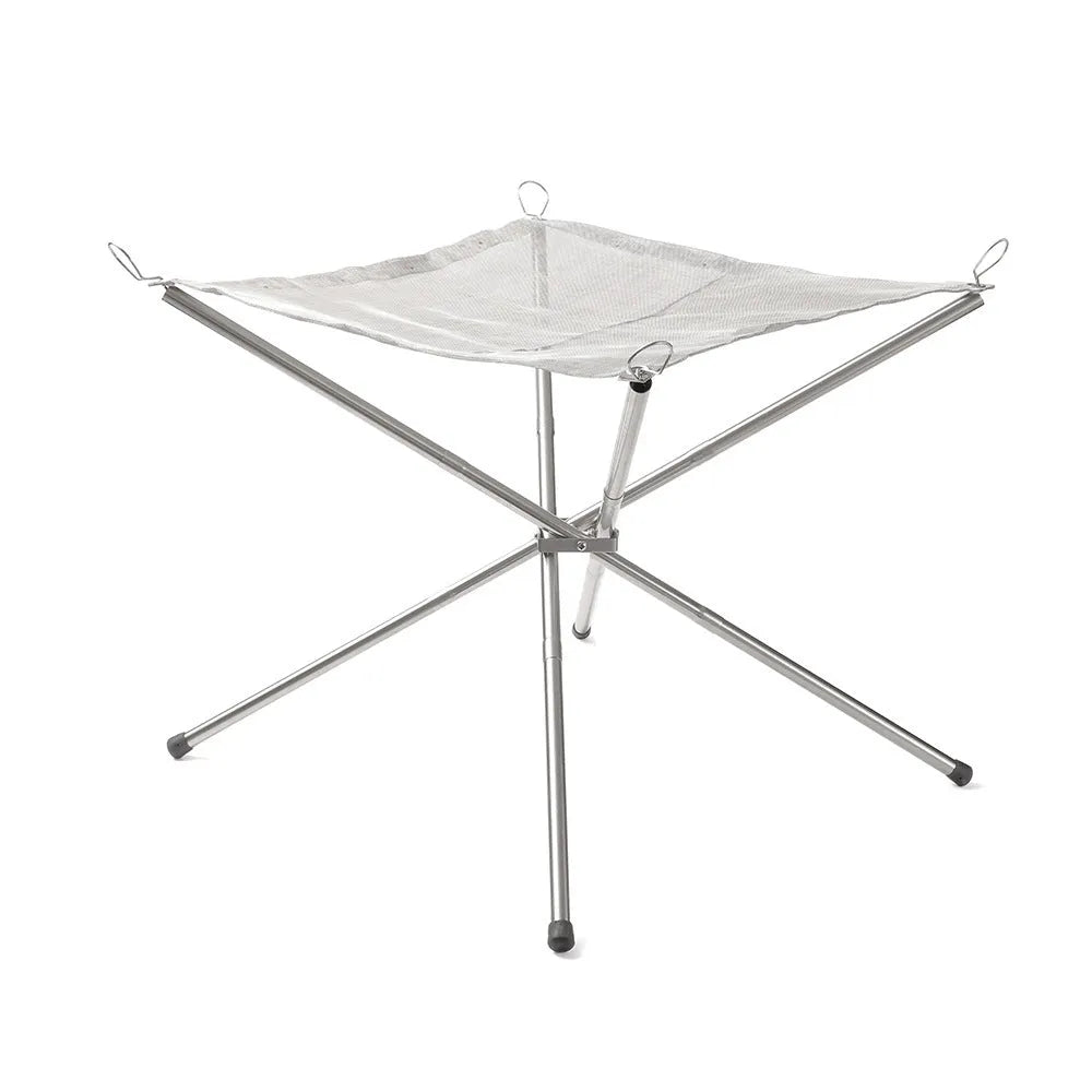 Silver stainless steel barbecue grill with removable cooking net, shown in a medium or large size for outdoor use.