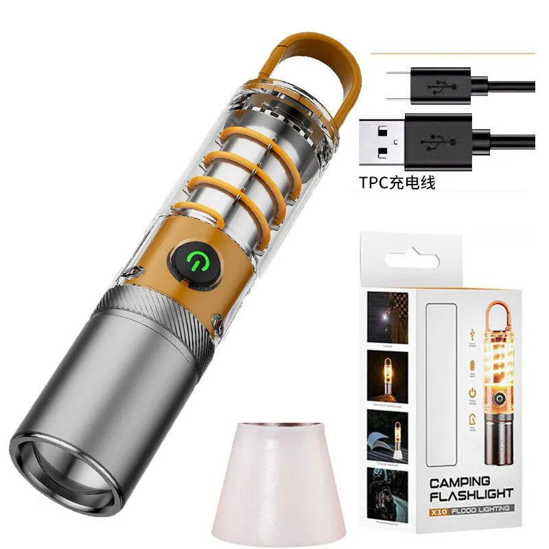Orange 10W LED flashlight with optical zoom, dual light sources, hook and keychain accessories