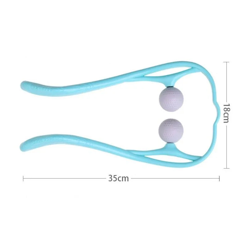 Blue manual neck massager hand roller with swan design and adjustable stand on a white background.