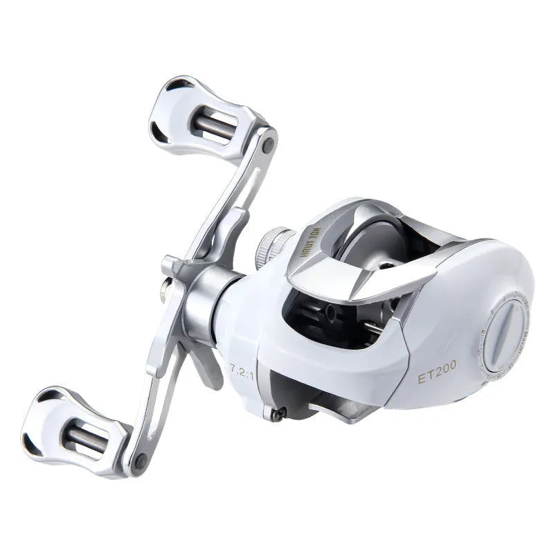 White micro object bait casting fishing reel with drop wheel mechanism shown from multiple angles