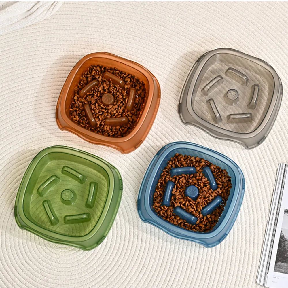 Plastic dog slow feeder bowl with maze pattern design in blue, grey, green or orange colours