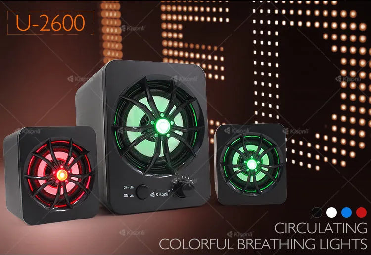 Green 2.1 USB computer speaker with colourful glowing lights and dual connectivity ports