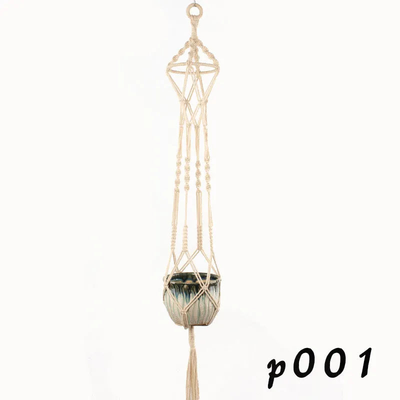 Cotton rope woven wire basket planter shown in desktop, wall hanging, and hanging configurations