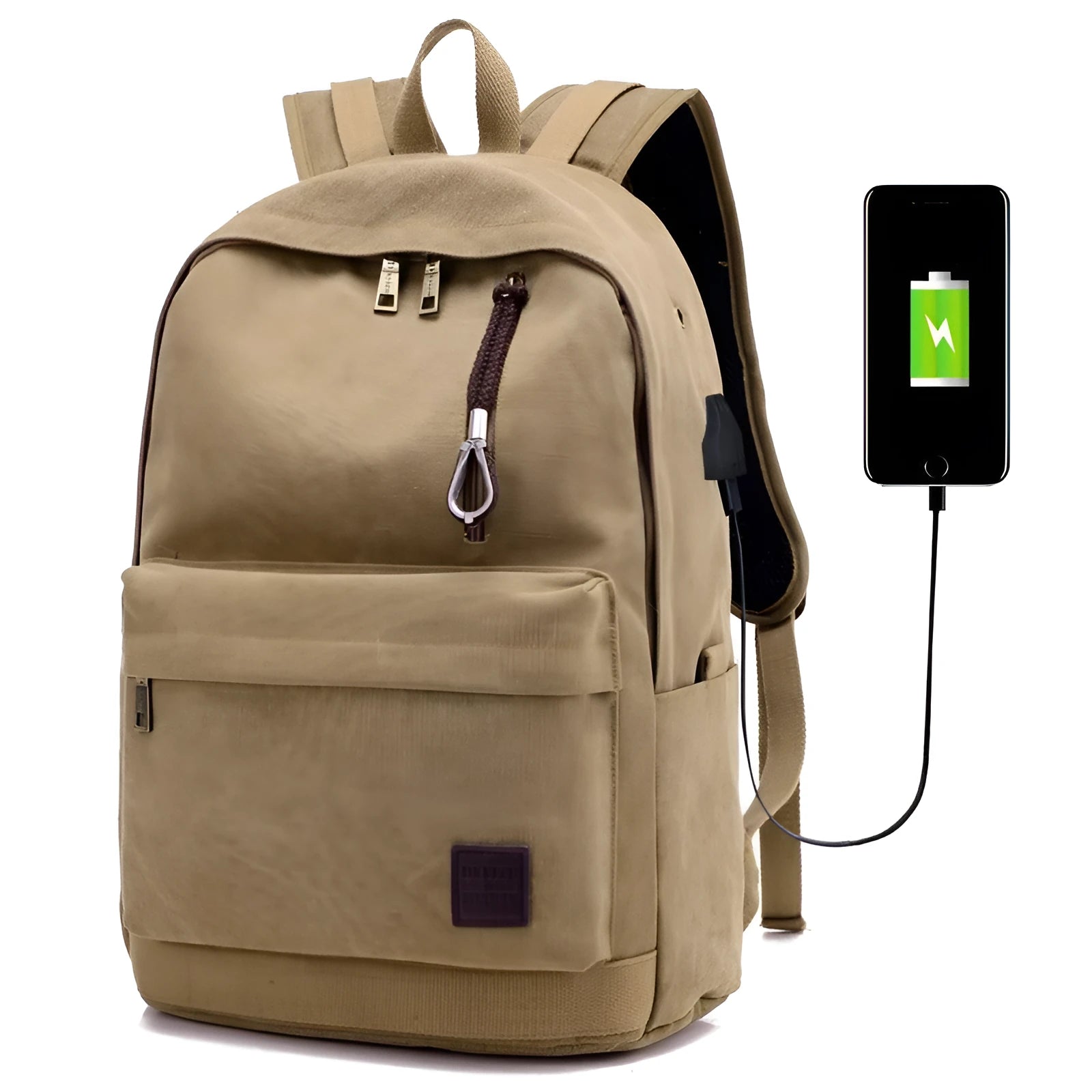 Canvas USB charging backpack in khaki colour showing front compartment and USB port.