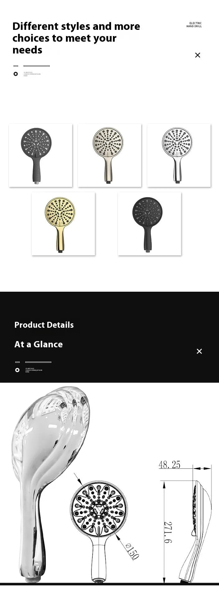 Six-function handheld shower head with electroplated finish measuring 6 inches in diameter