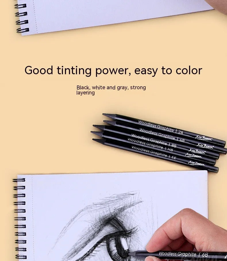 Set of six wood-free graphite sketching pencils with grades HB, 2B, 4B, 6B, 8B, and EE for art drawing.