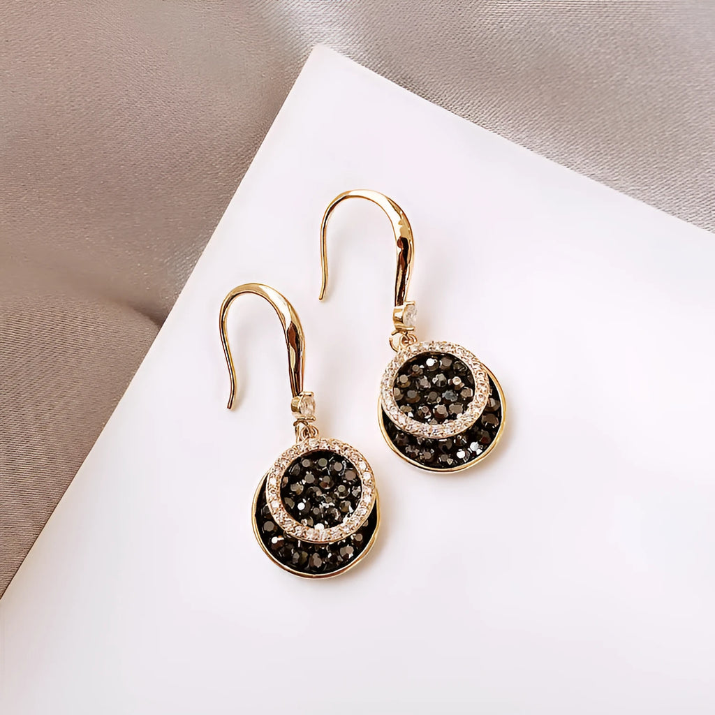 Black alloy geometric round earrings with 3.6cm drop length in retro Hong Kong style for women