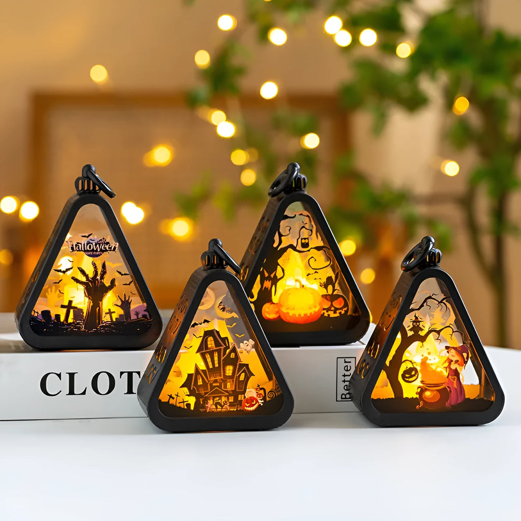 Halloween portable pumpkin lamp decoration in plastic and glass, 11.5cm high.