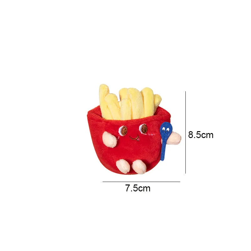 Assortment of kitten teething toys shaped like a hamburger, chicken leg, bread, fries, and hot dog.