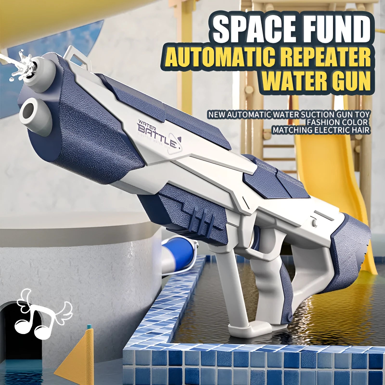 Electric water gun with USB charging cable and automatic straw, showing blue and pink colour options