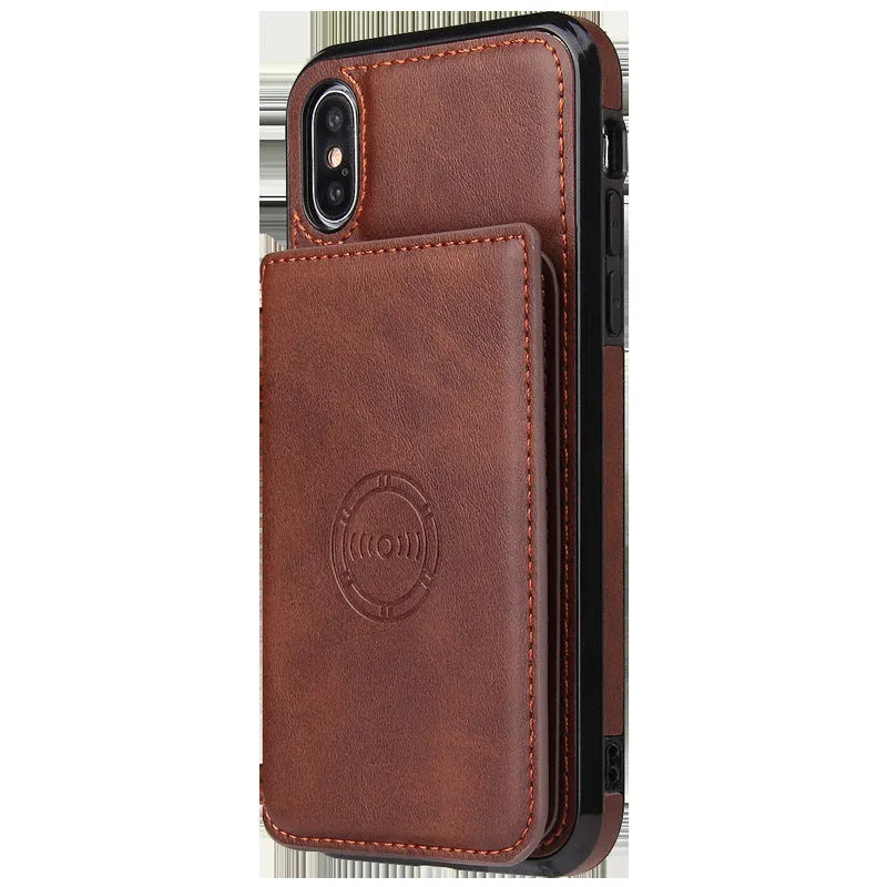 Solid colour imitation leather card wallet phone case for iPhone shown in multiple colour options.