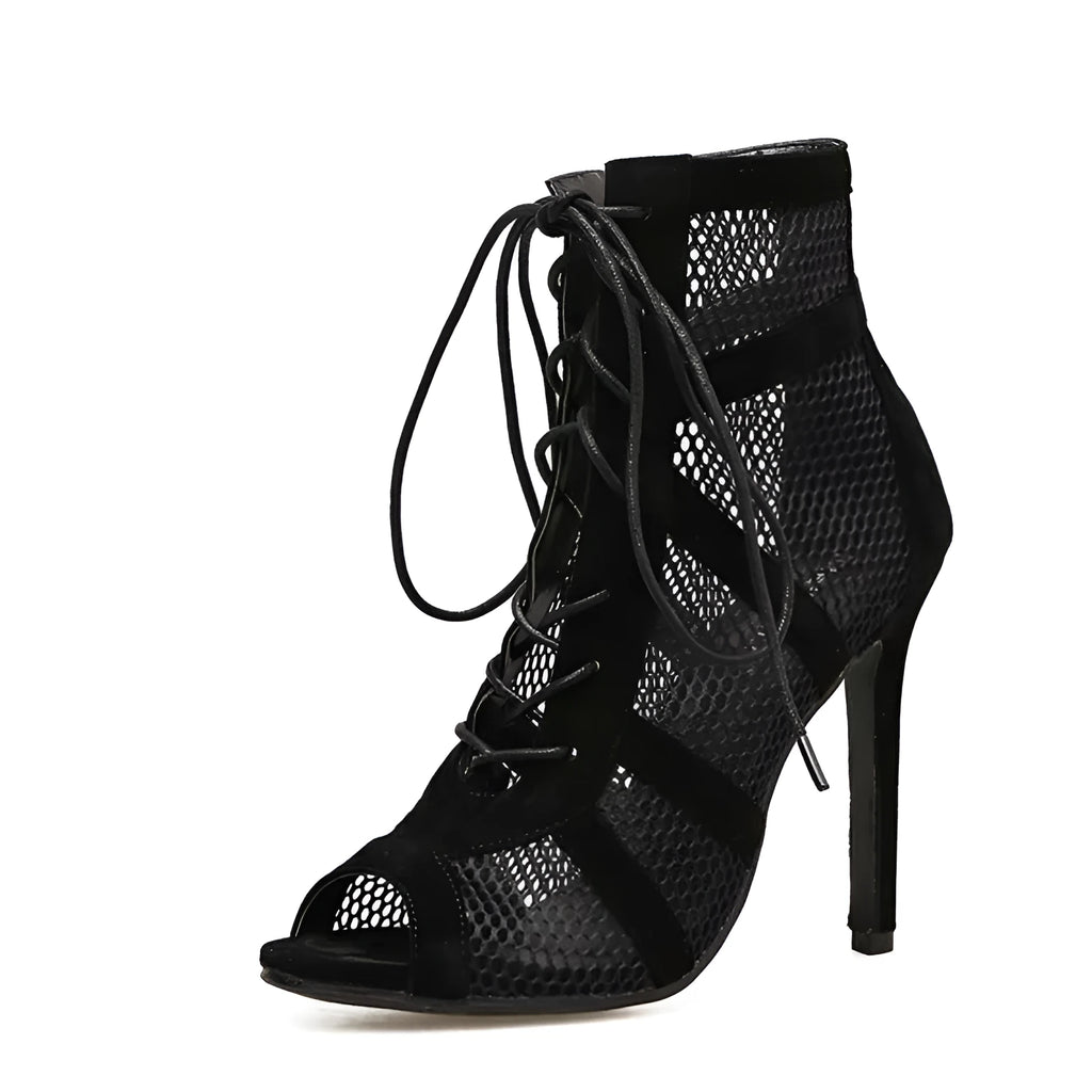 Black suede women's lace-up high heel shoes showing ankle strap and 11.5 cm heel.