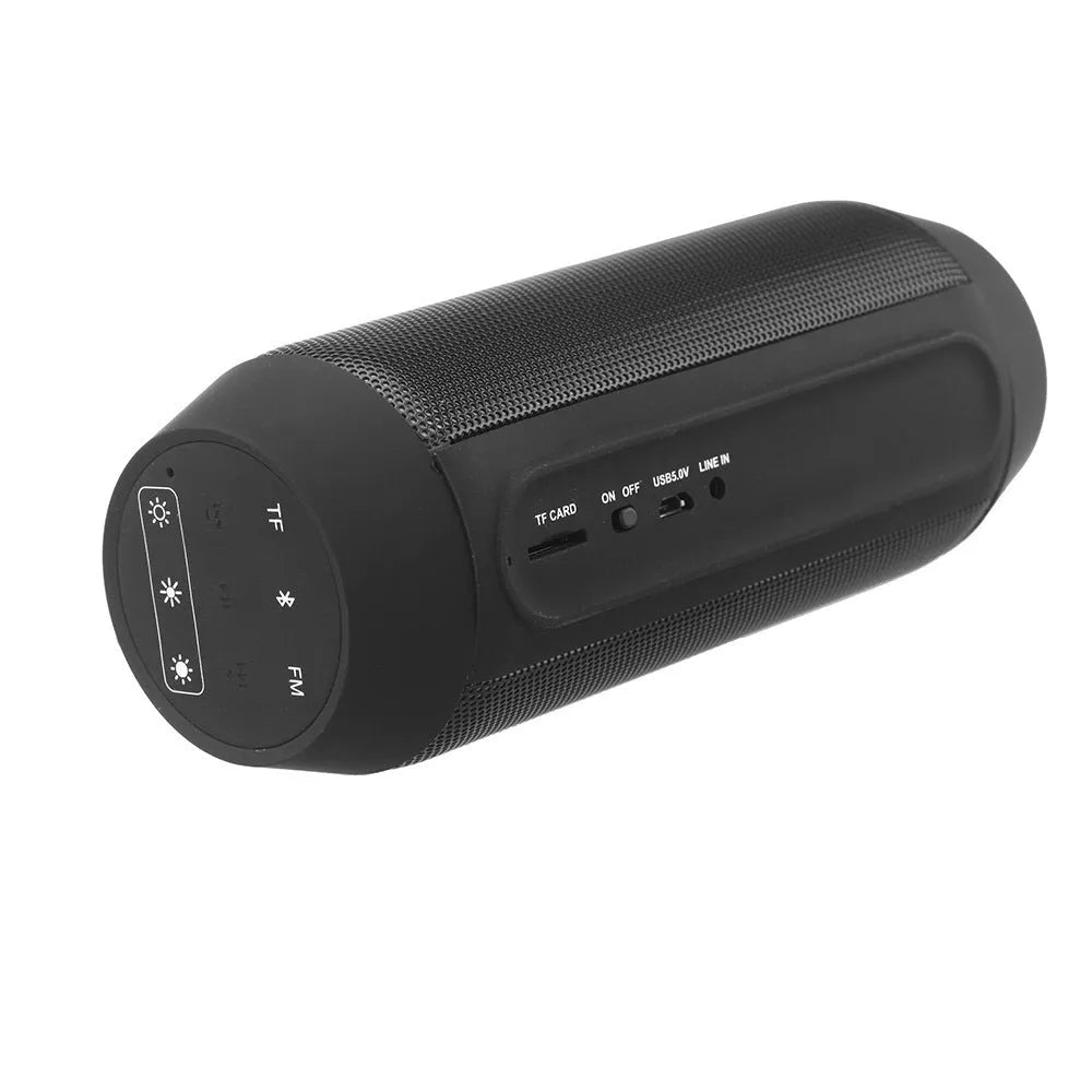 Small black or white portable Bluetooth stereo with colourful LED lights showing on its front.