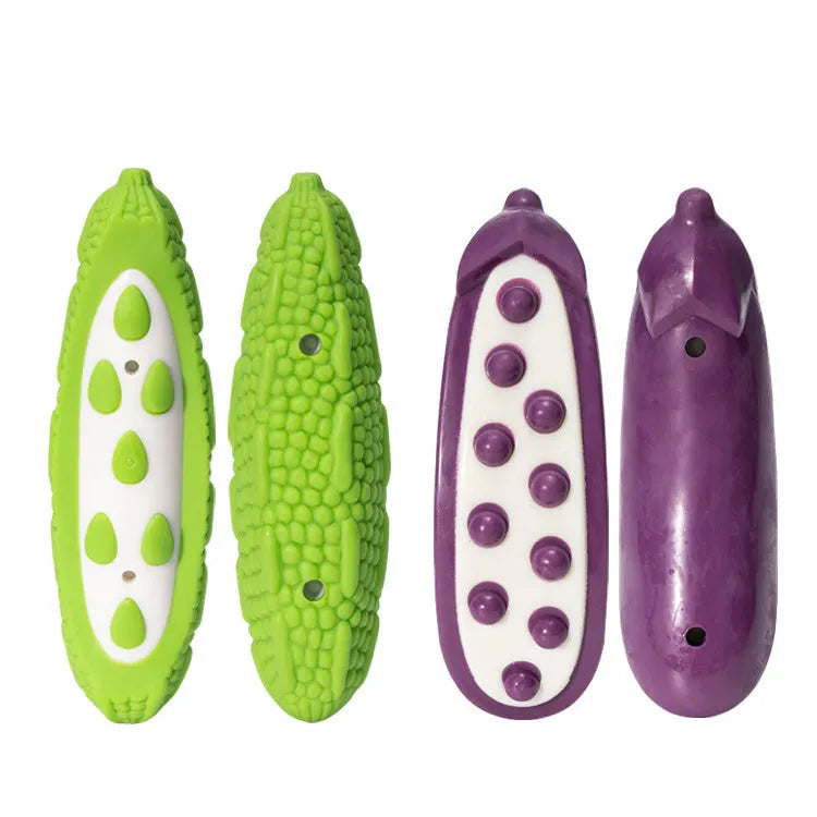 Purple and green durable rubber dog chew toys in large and small sizes for aggressive chewers