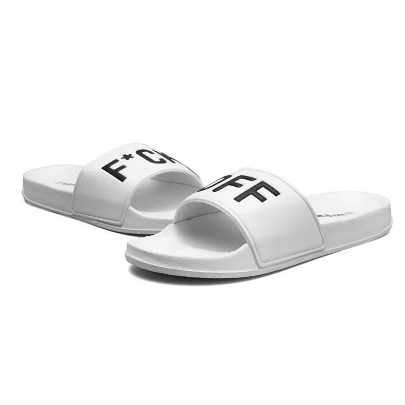 Large size men's personalised slippers with rubber sole and open toe design in black and white
