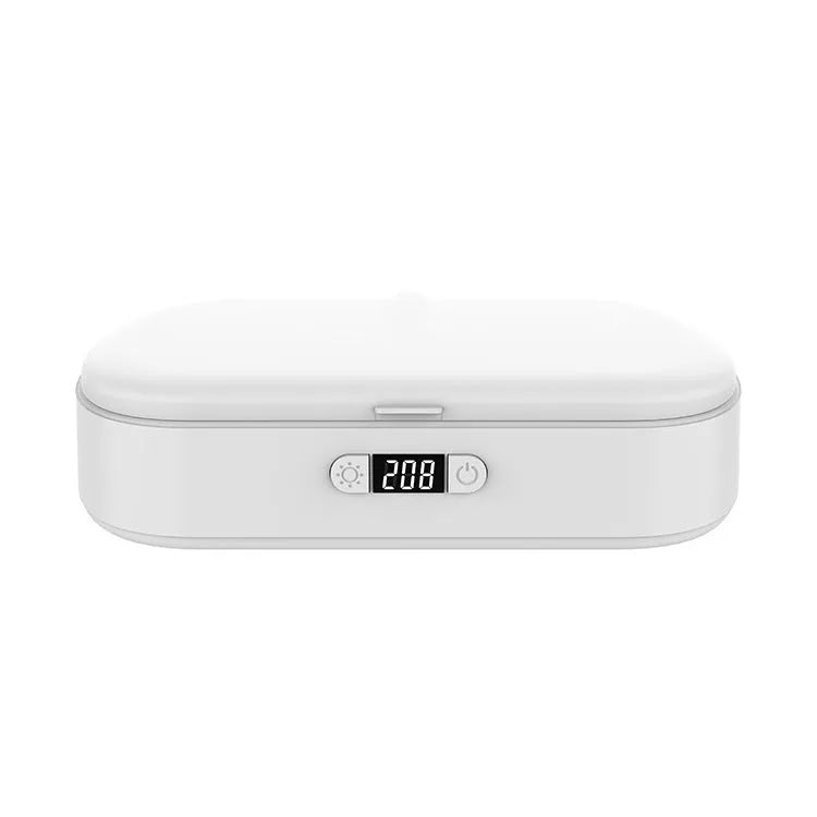 White wireless UV sterilizer box with ABS casing open to show interior for cleaning phones and jewellery
