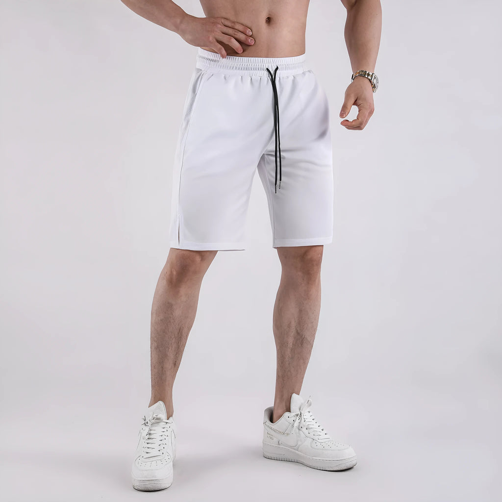 Men's black quick-dry mesh fitness shorts with elastic waistband and loose fit