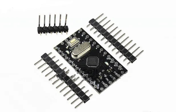 Mini Pro ATMEGA328P microcontroller development board measuring 33.3mm by 18.0mm with pin headers