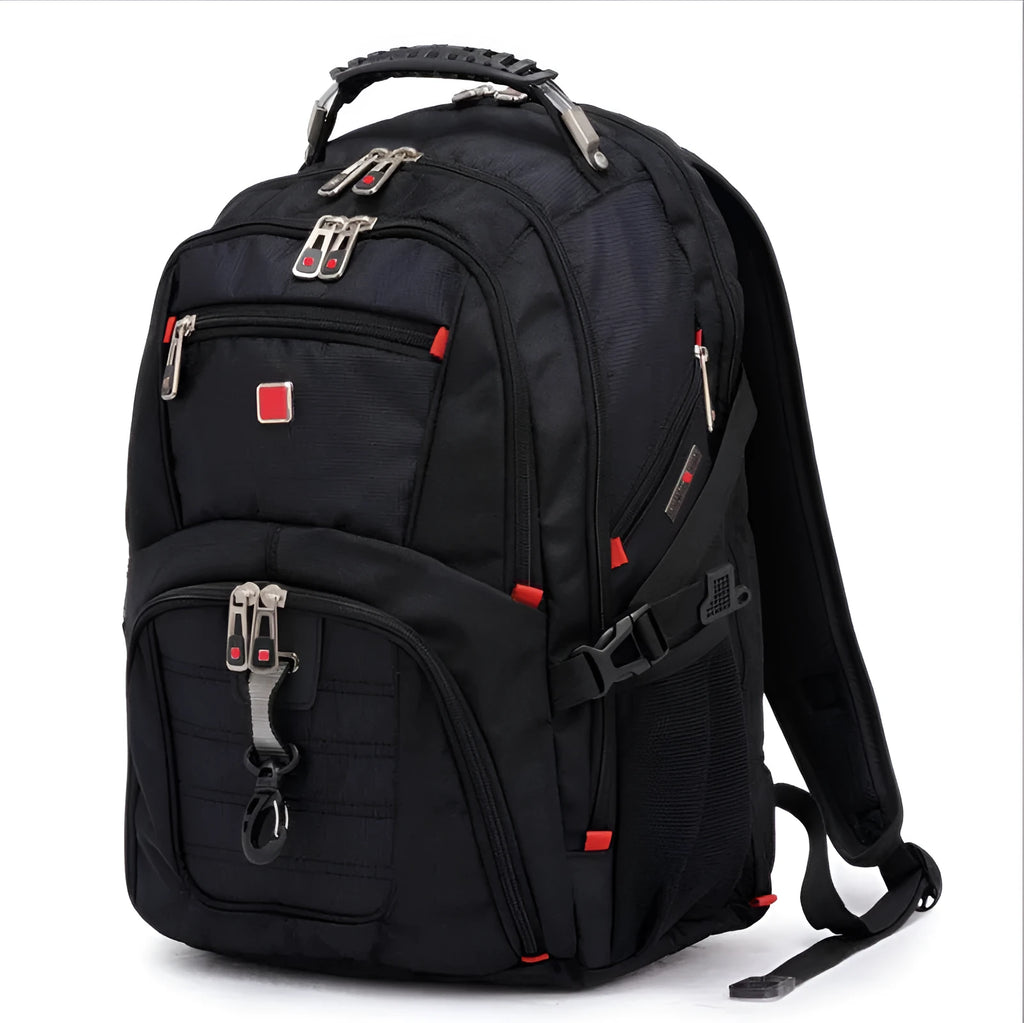 Black business laptop backpack open to show three internal compartments and laptop sleeve
