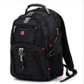 Black business laptop backpack open to show three internal compartments and laptop sleeve