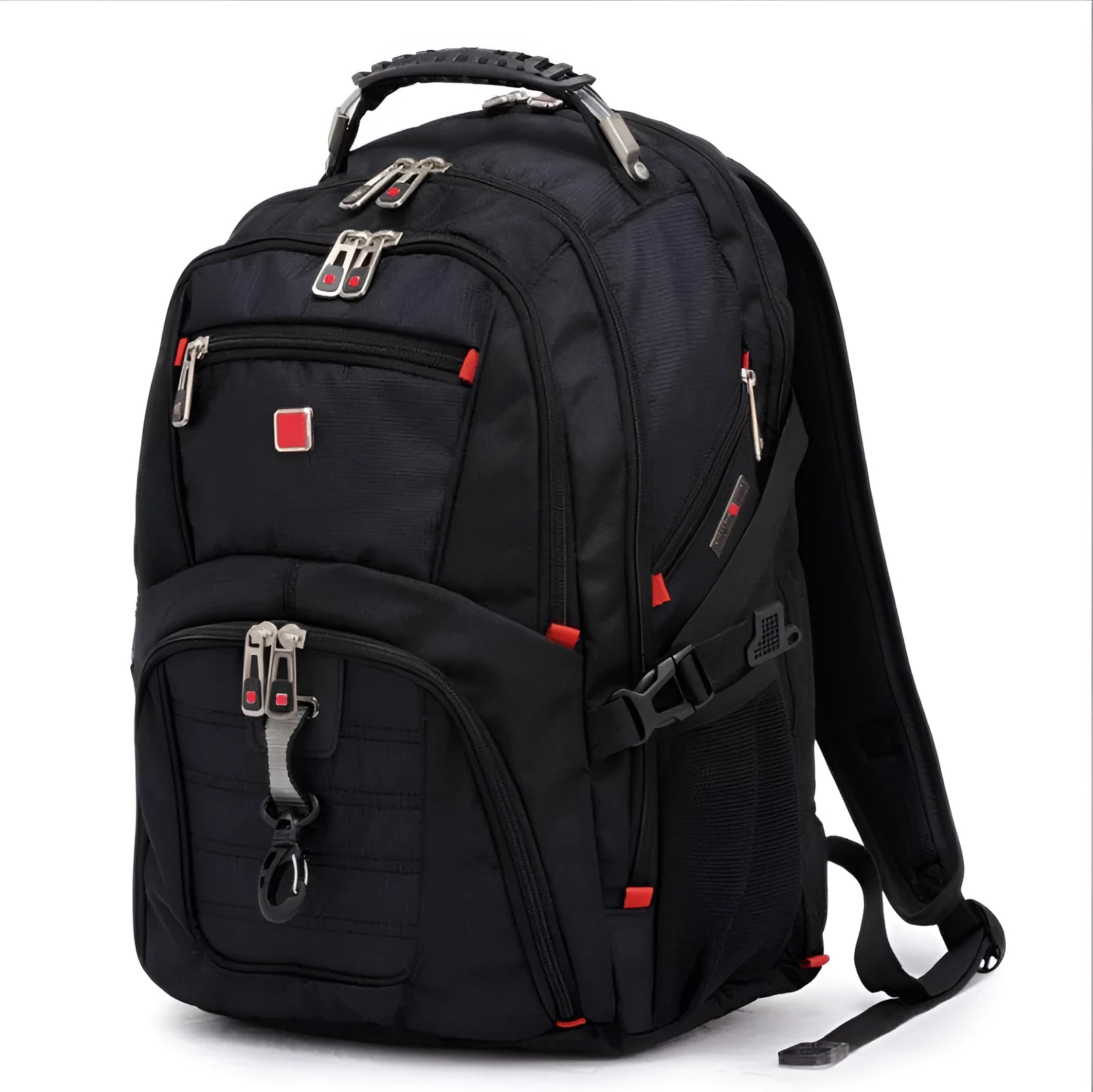 Black business laptop backpack open to show three internal compartments and laptop sleeve
