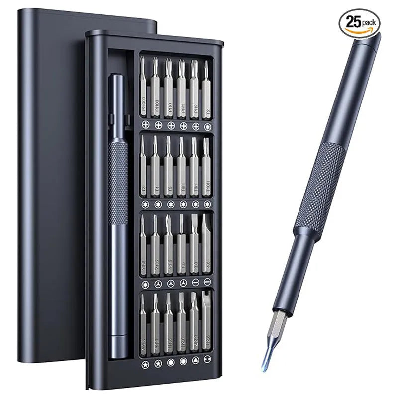 25-in-one multi-bit screwdriver set with chrome vanadium steel bits and ABS handle.