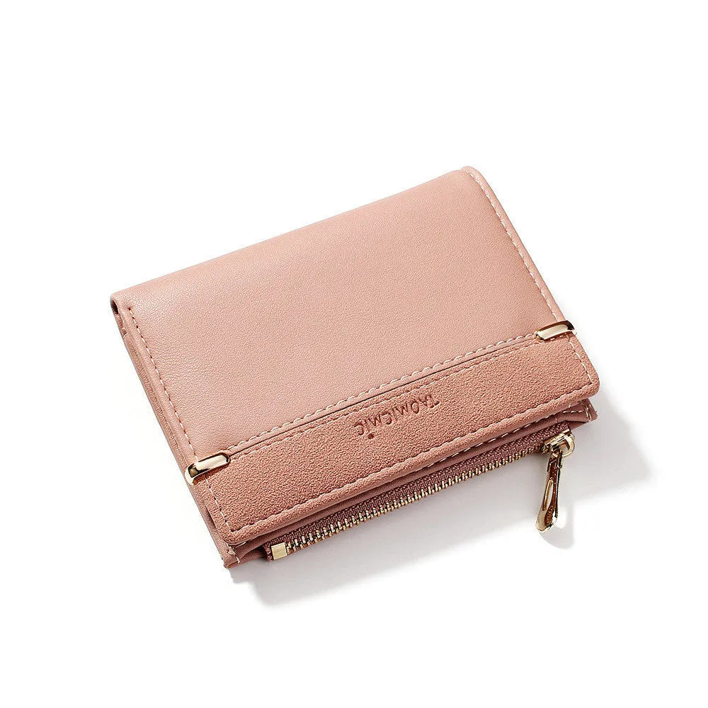 A ladies foldover wallet with a zipper, made from PU leather, shown open to reveal multiple card slots, a bill compartment, and a coin pocket.