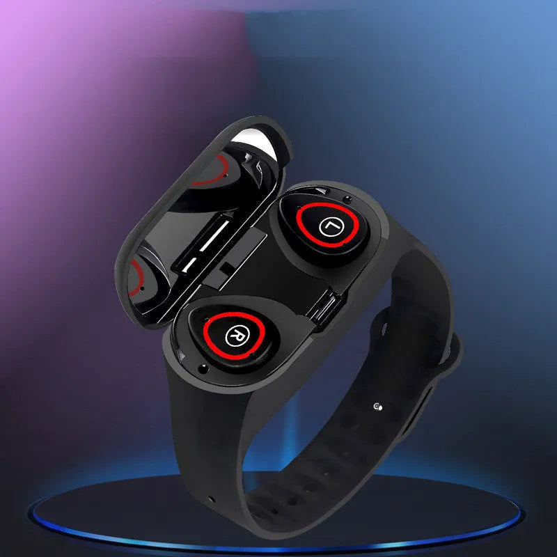 Smart bracelet and earphone combo in black, blue, or red with a 1-inch screen on a silicone wristband.