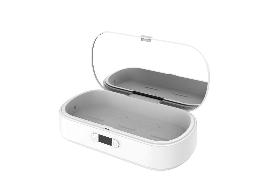 White wireless UV sterilizer box with ABS casing open to show interior for cleaning phones and jewellery