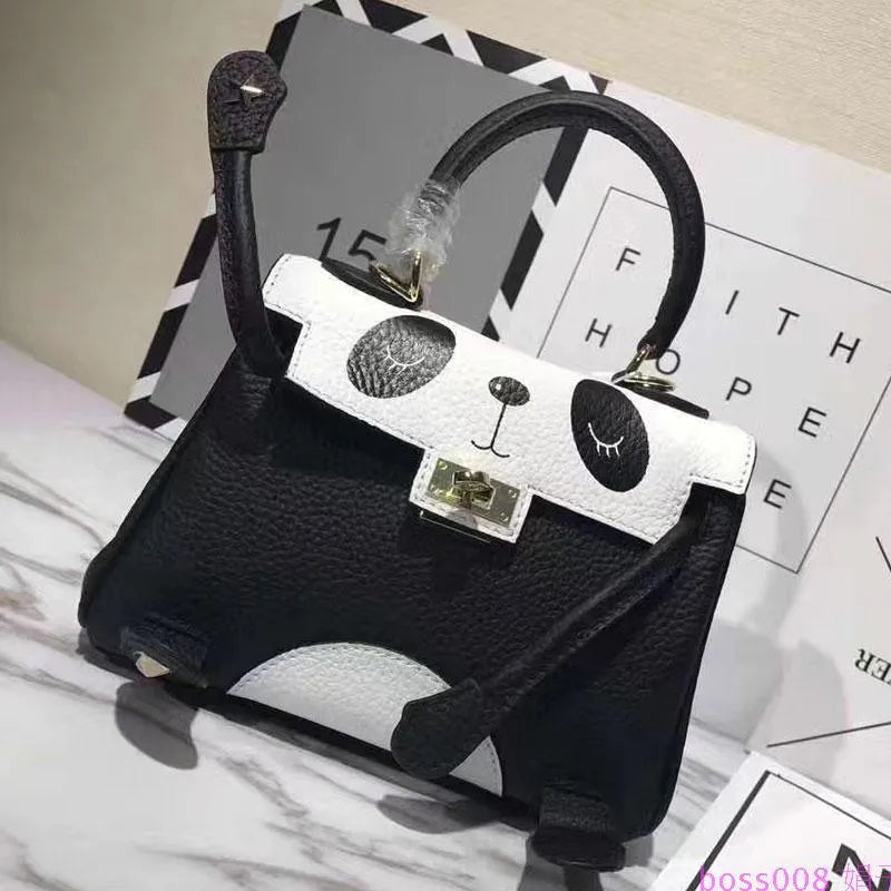 Panda printed cow leather handbag in horizontal square shape, sweet lady style pattern